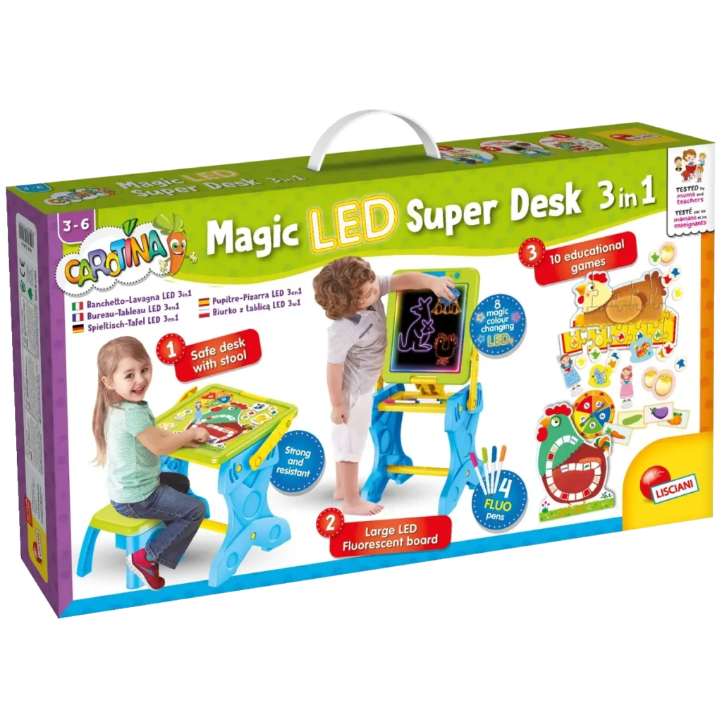 Wyjątkowy zestaw edukacyjny 3 w 1 marki Carotina - zawiera biurko aktywnego przedszkolaka razem ze specjalnym stołkiem oraz tablicę LED.